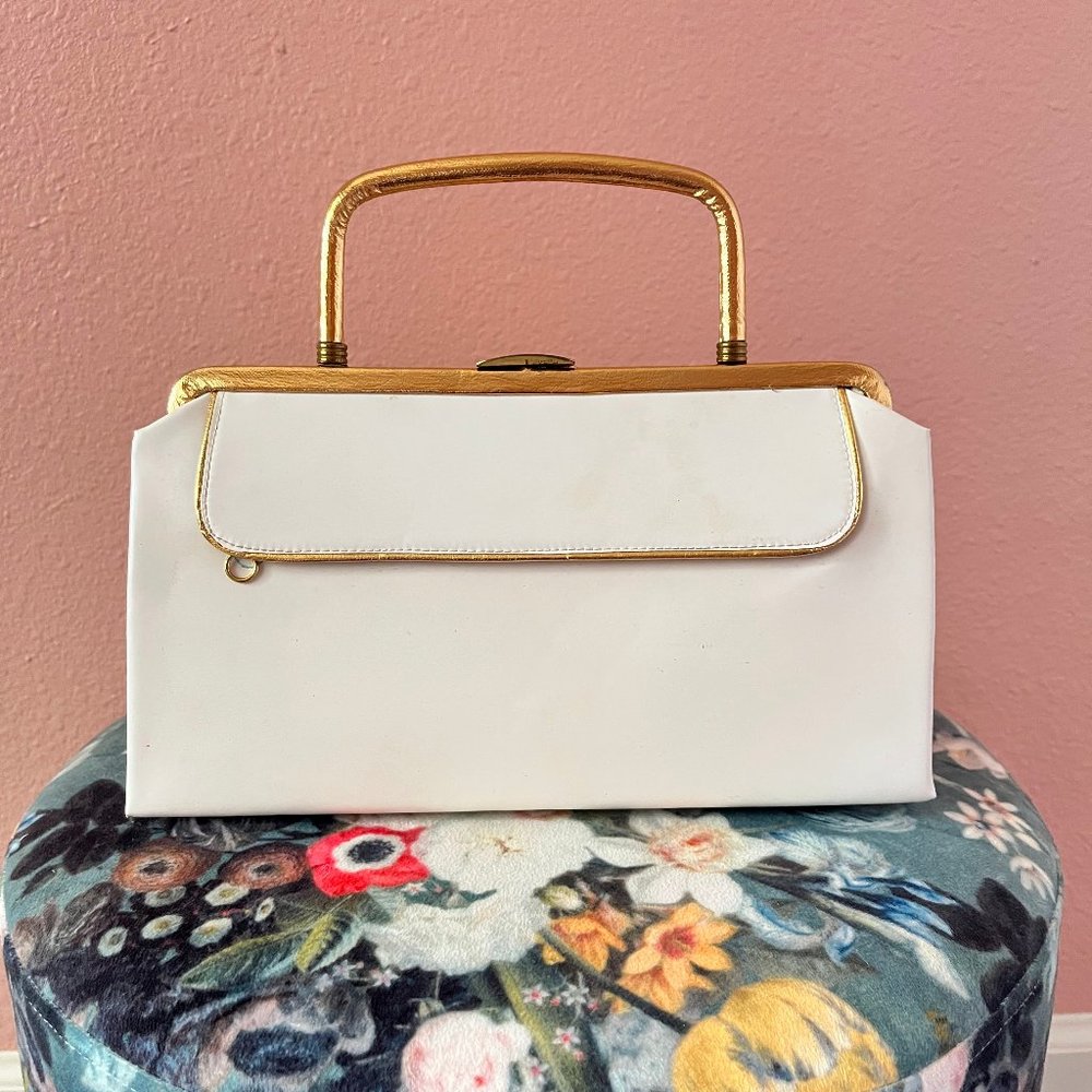 Vintage White Faux Leather Handbag with Gold-Toned Hardware and Trim